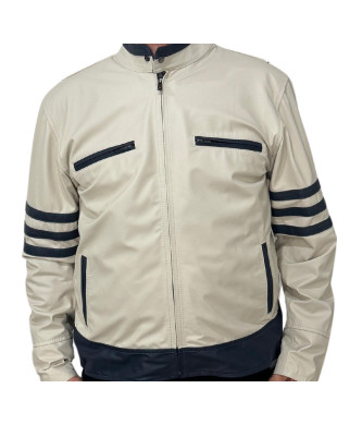 jaqueta omk couro off white com azul marinho 