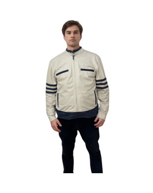 jaqueta omk couro off white com azul marinho 