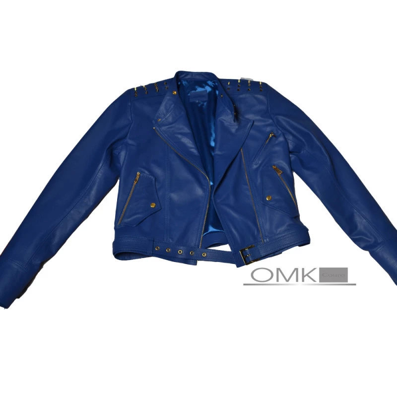Jaqueta de Couro Feminina Perfecto 653 Spikes -Azul Royal-M