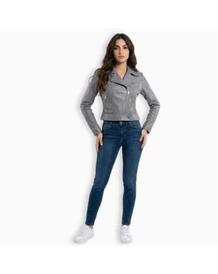 Jaqueta em Pelica Cinza Perfecto Cropped OMK Ref.602 