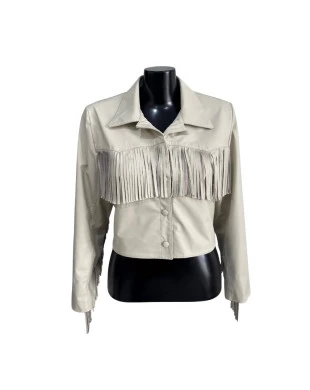 Jaqueta de Couro Cropped com franjas Off White 