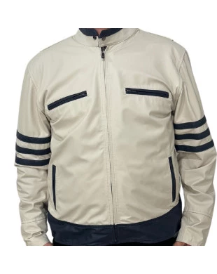 jaqueta omk couro off white com azul marinho 