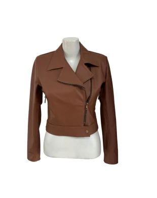 Jaqueta de Couro Perfecto Cropped OMK Ref.602 Caramelo Escuro