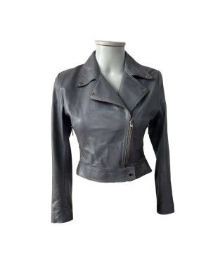 Jaqueta em Pelica Cinza Perfecto Cropped OMK Ref.602 